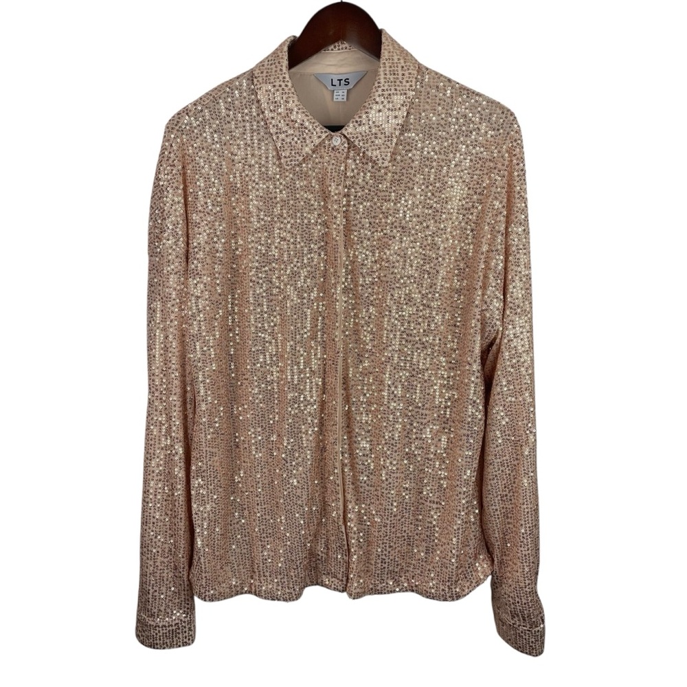 Long Tall Sally | Rose Gold Sequin Concealed Button Long Sleeve Blouse